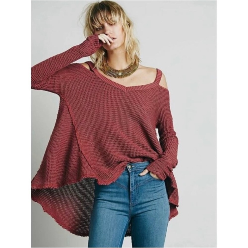 FREE PEOPLE Moonshine Rose V Neck Cold Shoulder Sweater XS